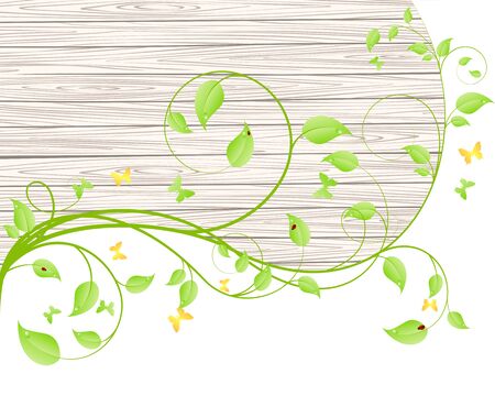 Green branches and leaves over wood fence backgroundのイラスト素材