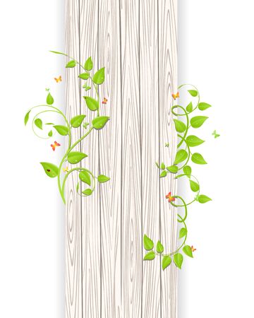 Green branches and leaves over wood fence backgroundのイラスト素材