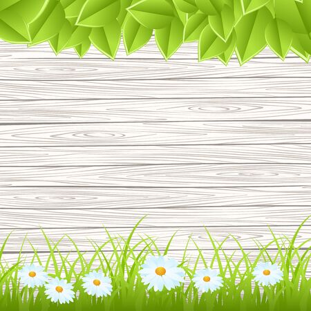 Wood wall with green grass and leaves. Vector illustration.のイラスト素材
