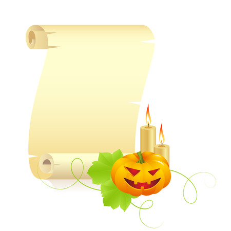 Pumpkin monster with parchment and burning candles on a white  background , vector Illustrationのイラスト素材