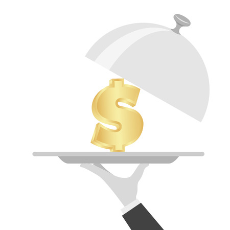 golden dollar sign on silver platter tray. Vector illustrationのイラスト素材