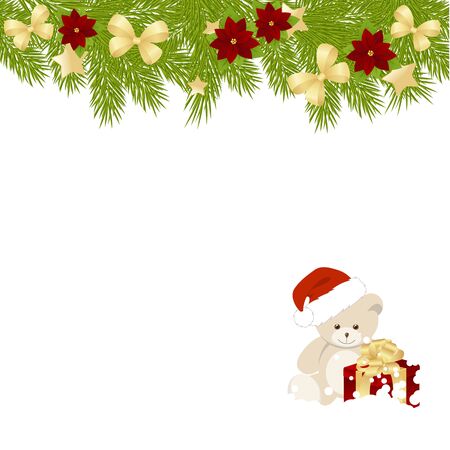 Christmas card with a cute bear on white background. vector illustration.のイラスト素材