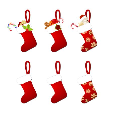 Six Santa's Stocking, Isolated On White Background, Vector Illustrationのイラスト素材