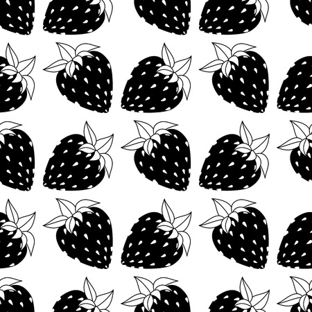 Seamless of black and white strawberries on white background. Vector illustration.のイラスト素材