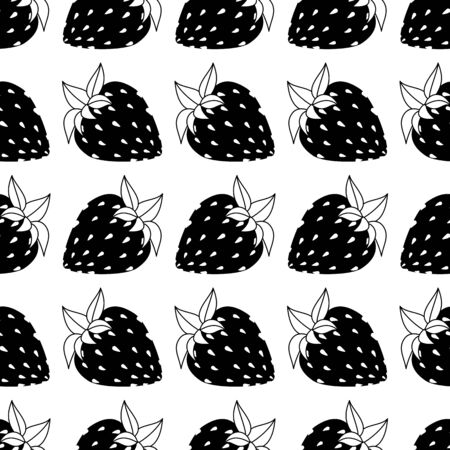 seamless of black and white flat strawberries on white background. Vector illustration.のイラスト素材