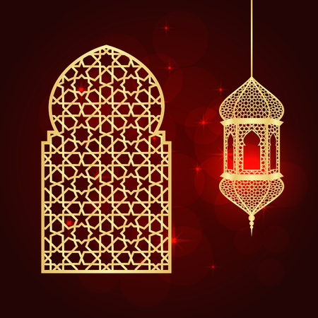 Ramadan greeting card on red background. Vector illustration. Ramadan Kareem means Ramadan is generous.のイラスト素材