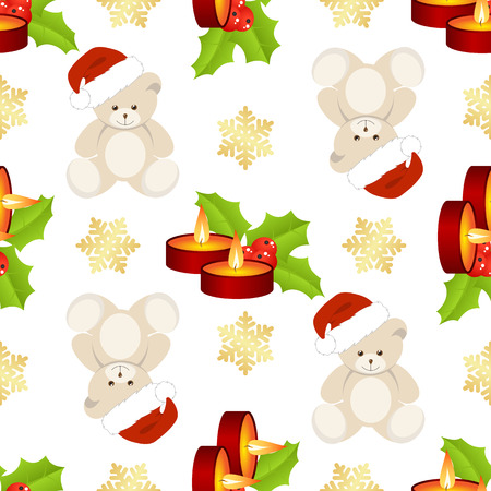 Christmas seamless with teddy bear and candles on white background.のイラスト素材