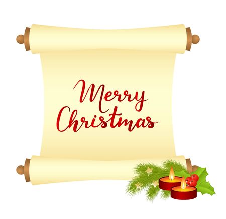 Merry Christmas card with manuscript and christmas decorations. Vector illustrationのイラスト素材