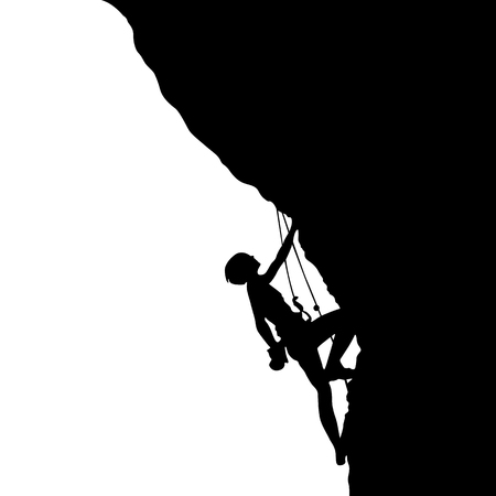 Black silhouette of a climber on a cliff isolated on a white background. Vector illustrationのイラスト素材