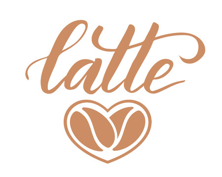 Black brush calligraphy Latte and icon coffe beans like heart shape isolated on white background. Vector illustrationのイラスト素材