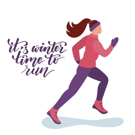 Woman runs in cold weather and modern brush calligraphy isolated on a white background. Vector illustration.のイラスト素材