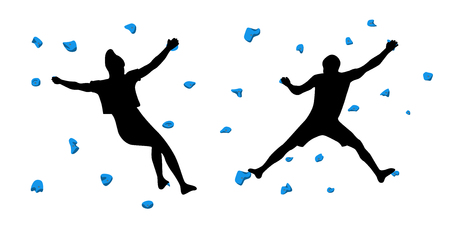 Black silhouettes of climbers who climb on a wall in a climbing gym isolated on a white background. Vector illustration.のイラスト素材