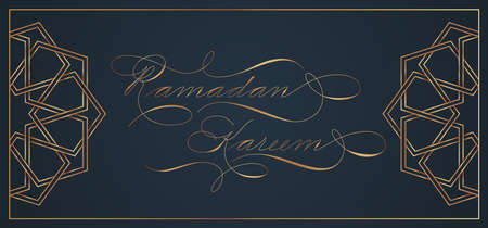 Ramadan Greetings card with gold modern Spencerian calligraphy on blue background and mosaic. Ramadan Kareem means Blessed Ramadan. Vector illustration.のイラスト素材