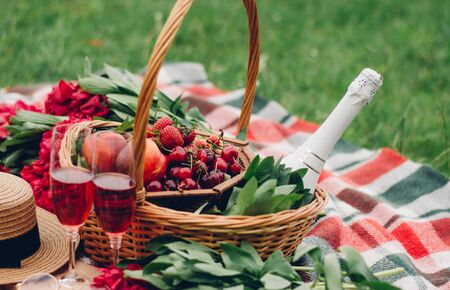 Mood reading a picnic book under a glass of red wineの写真素材