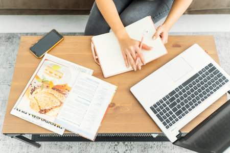 Stylish workplace top view, flat lay. Female business, career. home office