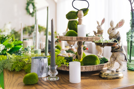<p>Table decor for spring concept. Easter, candles bunny, vintage</p>の写真素材