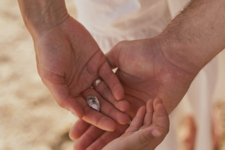 A child gives a shell he found to his mom and dad.