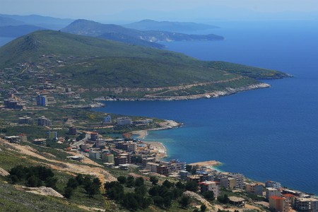 Overview on the city of Saranda in Albaniaの写真素材