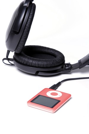 Red MP3 Player with huge headphonesの写真素材