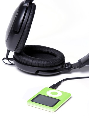 Green MP3 Player with huge headphonesの写真素材