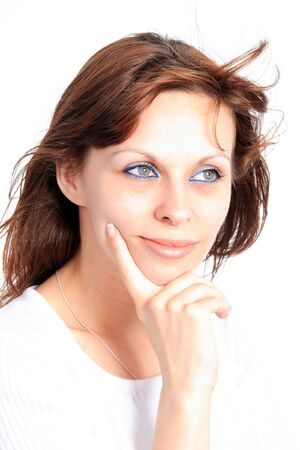 Closeup portrait of a young woman isolated on white backgroundの写真素材