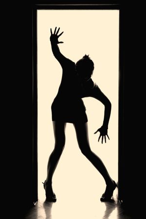 Outlines of a beautiful young woman standing by a doorの写真素材