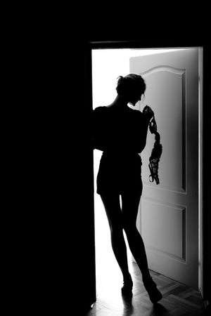 Outlines of a beautiful young woman standing by a door
の写真素材
