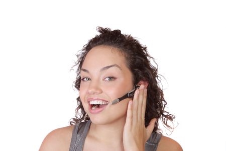 Beautiful young laughing cheerful woman with headphones with microphone
