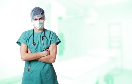 Doctor with stethoscope in emergency room lighting environment.
の写真素材