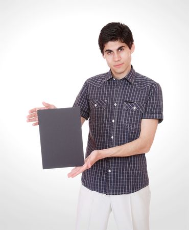 casual man holding an add  over a gray background

の写真素材