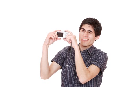 Man taking pictures photo camera in hands isolated on white background