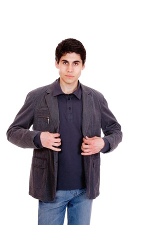 happy young casual man portrait, isolated on whiteの写真素材