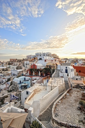 view of Santorini island Greece at sunriseの写真素材