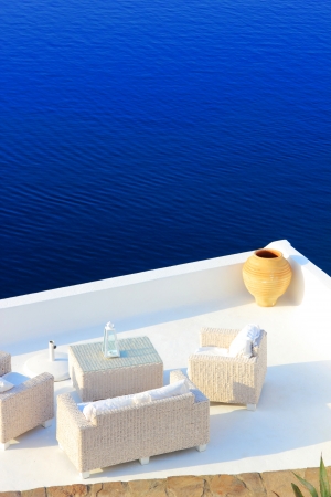 View on caldera and sea from balcony, Santorini, Greeceの写真素材