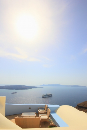 View on caldera and sea from balcony, Santorini, Greeceのeditorial素材