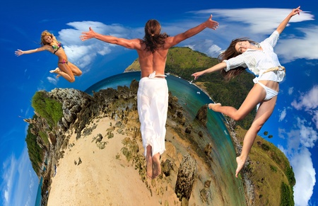 Group of young people on Exotic Bay in Phuket island Thailand Travel concept
