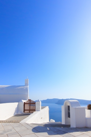 Santorini balconny with view at the Aegean seaの写真素材