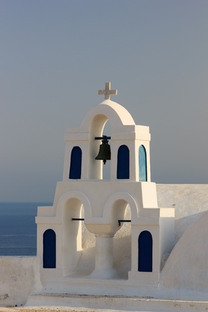 Traditional blue dome church in Santorini Greeceの写真素材