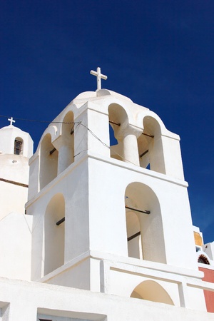 Traditional blue dome church in Santorini Greeceの写真素材