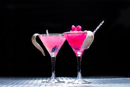 Molecular mixology - Two Cocktails with caviar and flower petalsの写真素材