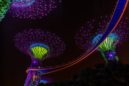 SINGAPORE - APRIL 21 2018 : Singapore Night Skyline at Gardens by the Bay. SuperTree Grove under...