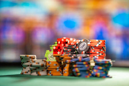 Casino Craps dice and gambling chips close up - Shallow depth of fieldの写真素材