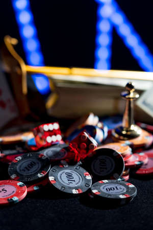 Casino set with Roulette, cards, dice and chips on BlackJack matの写真素材