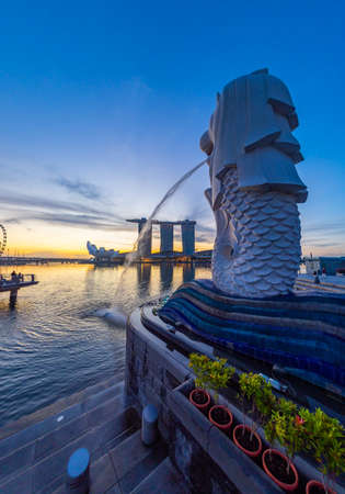 SINGAPORE CITY SINGAPORE: FEBRUARY 15 2020: Singapore Merlion Park downtown Singapore  business...