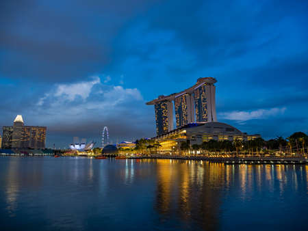 SINGAPORE CITY, SINGAPORE - FEBRUARY 15, 2020: Marina Bay Sands at night the largest hotel in Asia. It opened on 27 April 2010.のeditorial素材