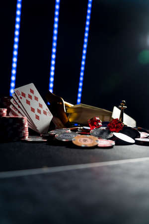 Casino set with Roulette, cards, dice and chips on BlackJack matの写真素材
