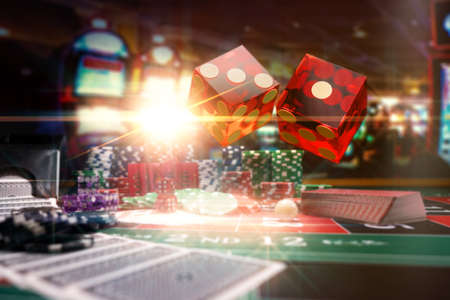 Casino set cards, dice and chips on BlackJack matの写真素材
