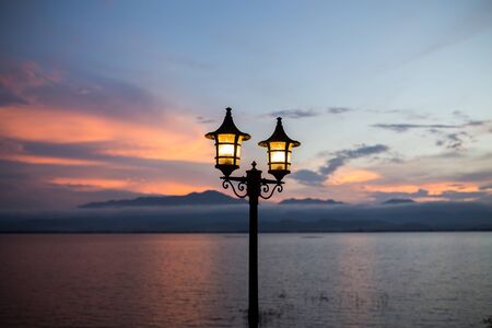 light lantern in mountain background and twilight darkness after sunset time romantic atmospheric.の写真素材