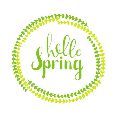 Hello Spring quote. Hand lettering and custom typography for your designs - t-shirts, bags, for posters, invitations, cards, etc. Vector Illustration.のイラスト素材