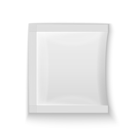 Blank white plastic sachet for medicine, condoms, drugs, coffee, sugar, salt, spices, isolated on grey background with place for your design and branding. のイラスト素材